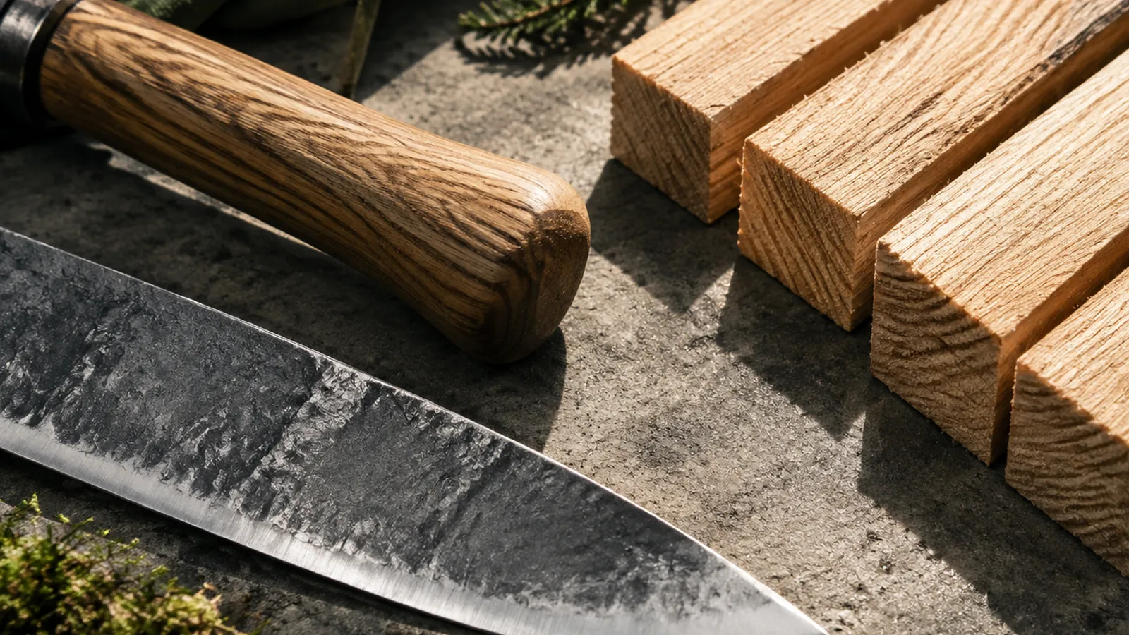 Materialstudie: Stahlwerkzeug und Holzgriffe auf Beton