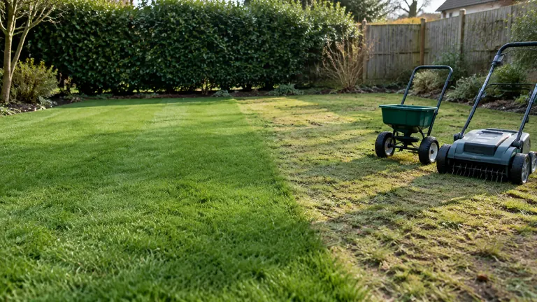Foto: neu angesäte Rasenfläche neben einer alten, lückigen Fläche