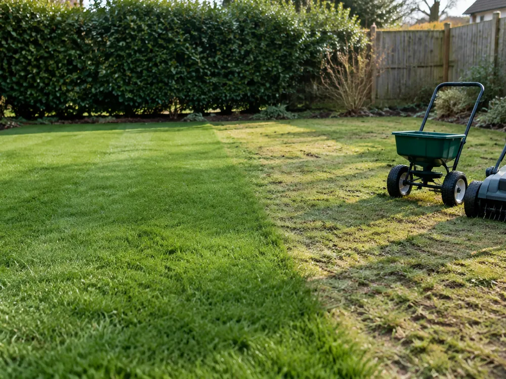 Foto: neu angesäte Rasenfläche neben einer alten Fläche